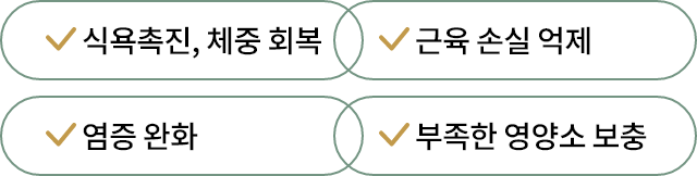 식욕촉진, 근육 손실 억제, 염증 완화, 부족한 영양소 보충